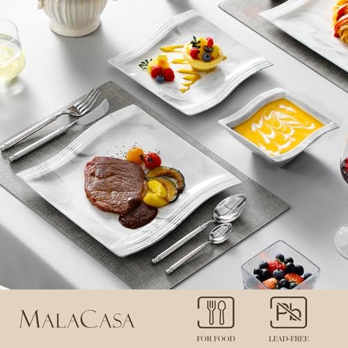 MALACASA Plates and Bowls Set, 12-Piece Modern Porcelain Dinnerware for 4, Marble Square Ceramic Dish Set, Microwave and Dishwasher Safe, Flora Series - Image 3