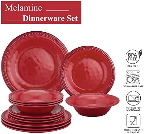 UPware 12 Piece Beaded Melamine Dinnerware Sets, Outdoor Dishes Set, Plates and Bowls Sets, Service for 4, Red - Image 4