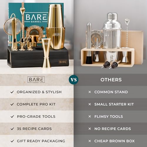 BARE BARREL® Mixology Bartender Kit Bar Set | 14-Piece Cocktail Shaker Set | Martini Barware Mixing Tools for Home Bartending | Incl. 35 Recipe Cards | Gift Set (28oz Boston Shaker, Gold/Black) - Image 6