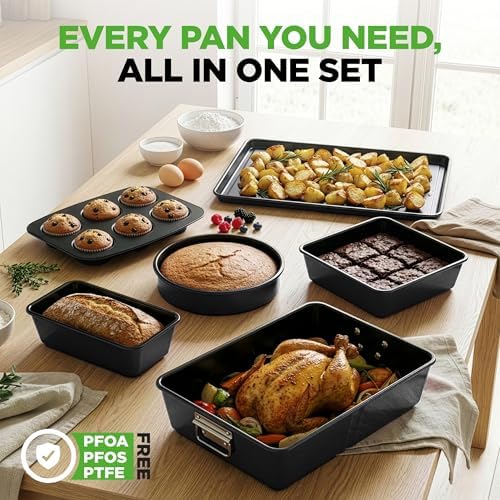 NutriChef 8 Piece Nonstick Bakeware Set | Carbon Steel Baking Pans for Oven | Includes Sheet Pan, Muffin, Loaf, Round and Square Cake Pan | Dishwasher Safe, Stackable Design Oven Safe up to 446°F - Image 6