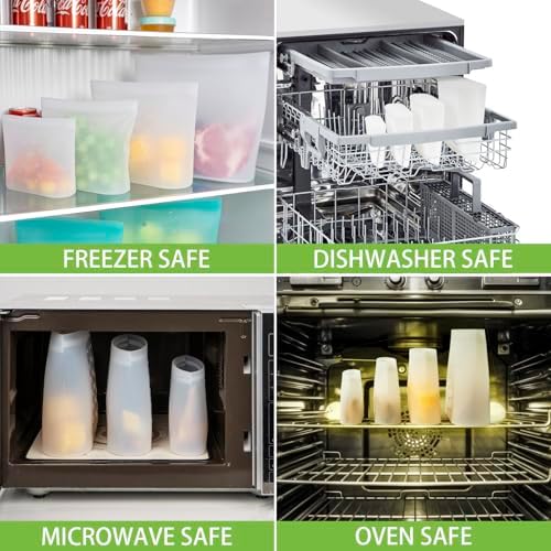 100% Silicone Reusable Storage Bag, 16 Pack Stand-Up Wide-Mouth Zip-Lock Food Storage Bags, Easy-Fill Easy-Open Easy-Clean Space-Saving, Microwave & Dishwasher Safe, 2 XL/4 L/4 M/4 S/2 XS, Translucent - Image 6