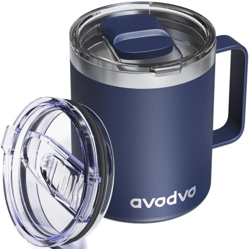 12oz Insulated Coffee Mug with 2 Lids & Handle, Stainless Steel Cup by avodvo