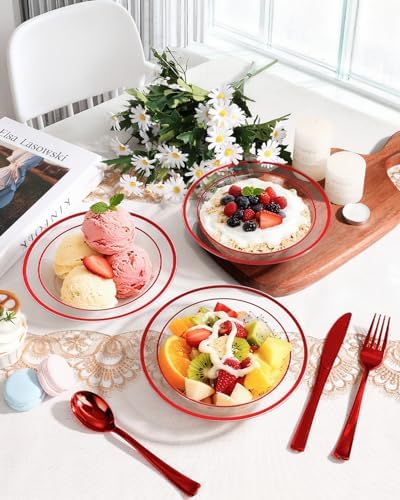 BESTSTAR 100 Pack clear Plastic Bowls with Red Rim - Image 4