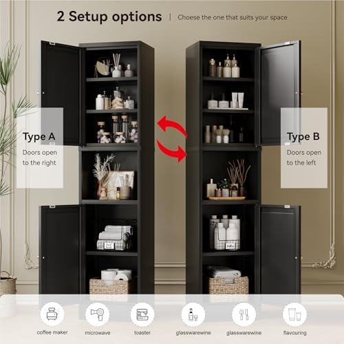 YAUWOH 2-Door Metal Storage Cabinet, Tall Slim Pantry Organizer with 3 Adjustable Shelves (120LBS/Shelf), Anti-Tipping Waterproof Cabinet for Bathroom/Kitchen/Home Office/Small Spaces, (1PC,Black) - Image 4