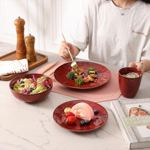 vicrays Ceramic Dinner Plates Set, 10.5 Inch, Set of 6, Round, Microwave, Oven, Dishwasher Safe, Porcelain Fluted Suitable for Steak, Pasta, Pizza, Home, Party, Restaurant (Cherry Red) - Image 4