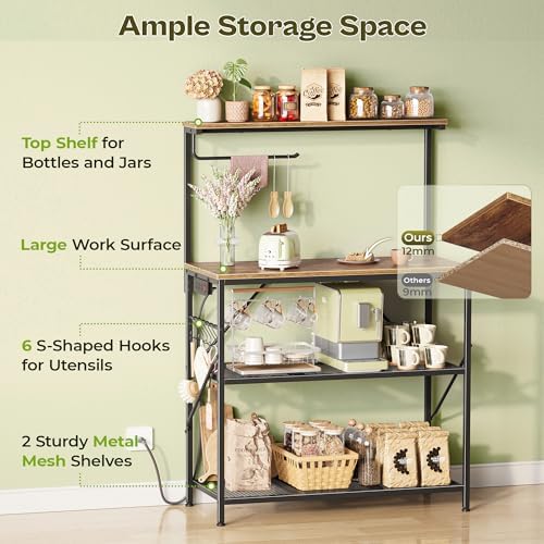 Huuger 4-Tier Bakers Rack with Reversible Power Outlet, 31.5 Inch Microwave Stand, Kitchen Coffee Bar, with Top Shelf, 6 S Hooks, Rustic Brown - Image 5