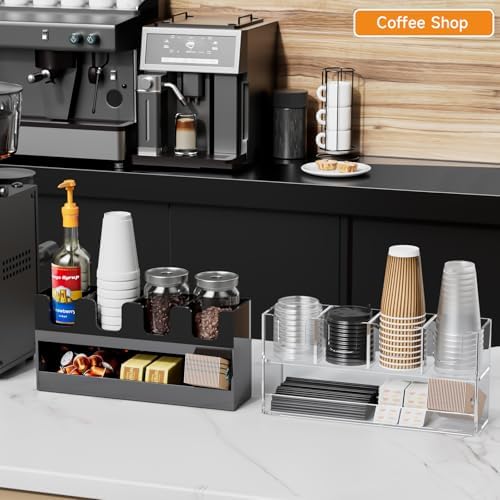 Beego 5-Compartment Cup Holder for Countertop - 2-Tier Clear Acrylic Cup Dispenser Coffee Station Paper Cup and Lid Organizer Condiment Storage for Restaurant Breakroom Kitchen Bar Accessories - Image 5