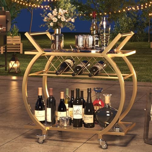 LVB Gold Bar Cart with Glass, Bar Cart with Wheels, Wine Cart with Storage - Image 6