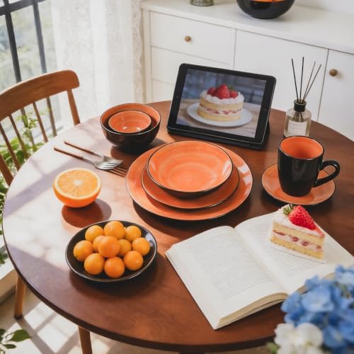 HomeVss, Stoneware Sonoma Dinnerware Set, Black + Speckled Spin Wash (56pc Set, Orange) - Image 5