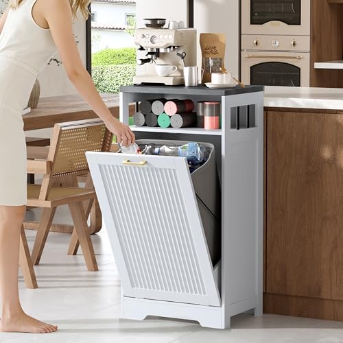 Pet-Proof Single 13 Gallon Tilt Out Trash Can Cabinet with Open Storage – Hide Garbage & Recycling Bins to Keep Your Kitchen Clean and Organized,White - Image 2