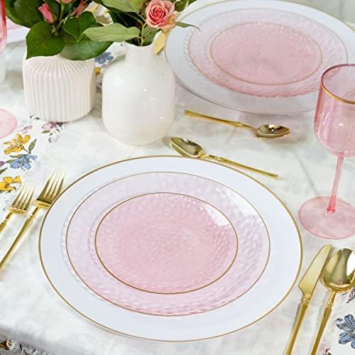 PLASTICPRO 64 Piece Combo Plates Set includes 32-7'' inch Plates & 32-10'' inch Plate Pink Hammered Plastic Party Plate Premium heavyweight Elegant, Disposable, Tableware, Dishes, - Image 2