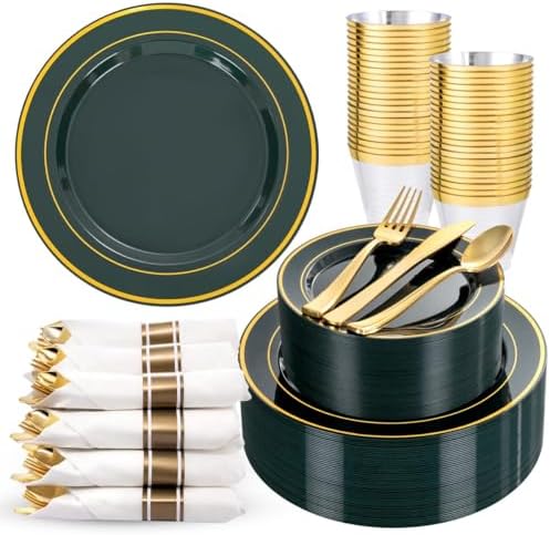 WDF Partyware 350PCS Green and Gold Plates - Green Plastic Plates 50Guests Plastic Plate with Rolled Napkins for Party/Birthday/Wedding by WDF