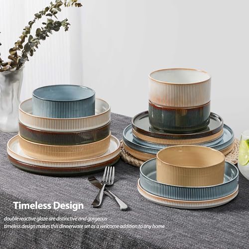 LIANYU Dinnerware Stoneware Sets with Pasta Bowls, 16 Piece Plates and Bowls Set for 4, Ribbed Dishes Set for Home, Microwave and Dishwasher Safe, Four-color - Image 4