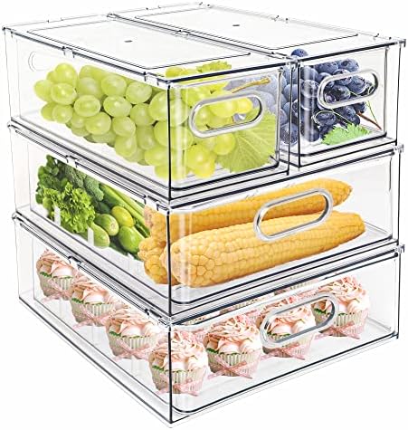4 pack Stackable Refrigerator Organizer Bins Pull-Out Drawers for Fruit and Veggies Storage Organizer for Fridge Clear Drawer Containers with Handle Divided Organization for Produce Saver by MineSign