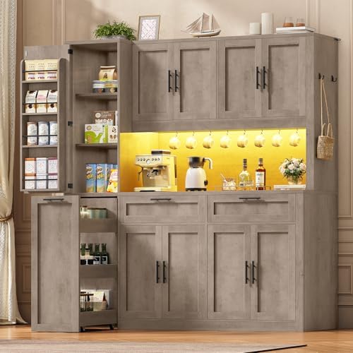 Itaar 71" Kitchen Pantry Cabinet with Charging Station and Led Light, Kitchen Storage Cabinets with Microwave Stand, 59" Wide Pantry Storage Cabinet with Storage Cart 3 Tier for Dining Room, Grey by Itaar