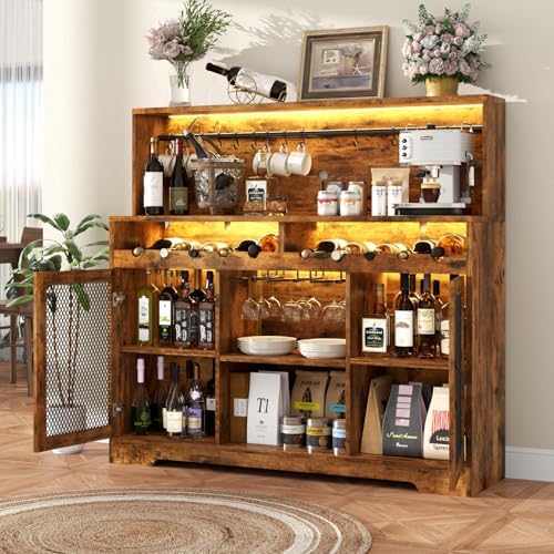 Loomie Wine Bar Cabinet with LED Light, Liquor Cabinet with Glass Holder, Coffee Bar for Liquor, Storage Buffet with Wine Racks, Wine Cabinet with Mesh Door (Rustic) - Image 4