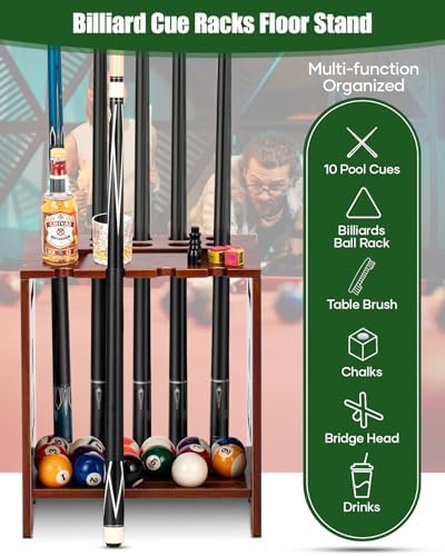 EXTCCT Pool Stick Holder Floor Stand, Solid Wood for 10 Cues, Brown - Image 2