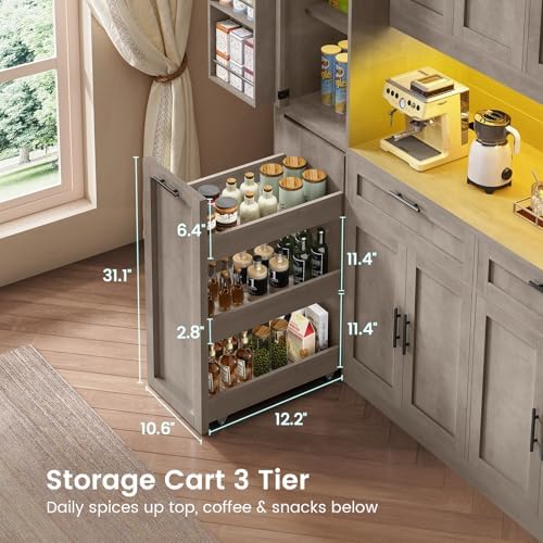 Itaar 71" Kitchen Pantry Cabinet with Charging Station and Led Light, Kitchen Storage Cabinets with Microwave Stand, 59" Wide Pantry Storage Cabinet with Storage Cart 3 Tier for Dining Room, Grey - Image 5