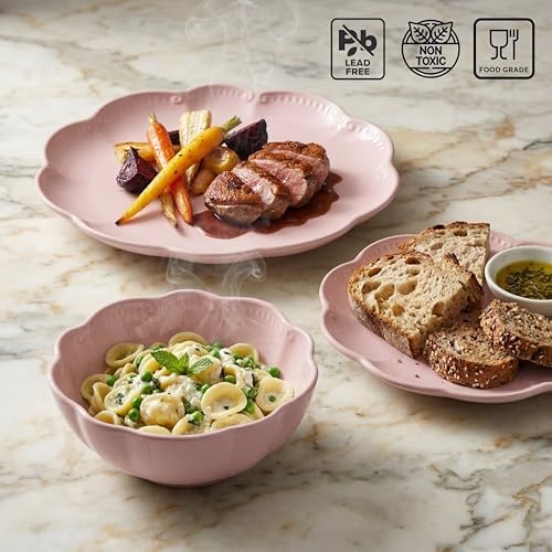 Sango 12 Pieces Scalloped Dinnerware Set, Modern Pink Dishes for 4, Premium Serving Plates & Bowls Sets, Chip Resistant, Blush Ceramic Dishware, Kitchen Dish, Microwave & Dishwasher Safe, Bethany - Image 3