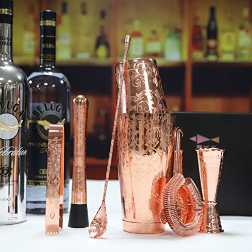 Sky Fish Bartender Kit Cocktail Shaker Set-6 Pieces Stainless Steel Copper Plated Etching Bar Tools with Boston Shaker Tins,Mixing Spoon,Mojito Muddler,Jigger,Hawthorne Strainer,Ice Tongs - Image 4