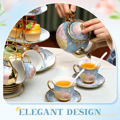21 Pcs Porcelain Tea Set with 3 Tier Dessert Stand, Blue, Elegant - Image 6