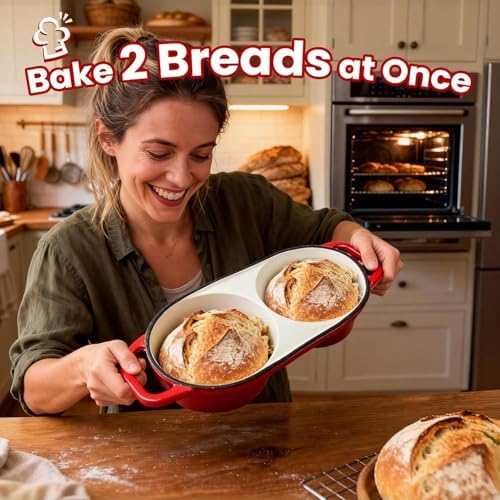Double Mini Dutch Oven for Sourdough Bread Baking, Enameled Cast Iron Bread Oven with Lid, Bake 2 Artisan Loaves at Once, Includes 2 Banneton Proofing Baskets & Bread Lame, Oven Safe Bread Baking Pot - Image 2