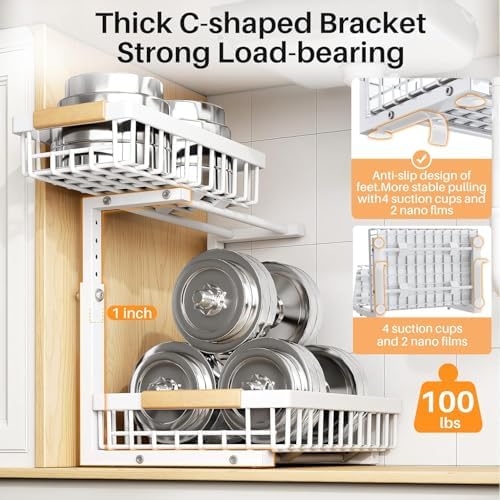 PXRACK Under Sink Organizer, Adjustable Height, 2 Tier Pull Out Under Cabinet Organizer, Slide Out Thickened Metal Under Sink Storage for Kitchen Bathroom Laundry Pantry Cabinet, White, Small-1-Pack - Image 6