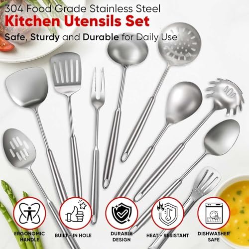 Newness 12 Pcs Cooking Utensils Set, 304 Stainless Steel Kitchen Utensils Set, Metal Kitchen Accessories, Include Soup Ladle, Slotted Skimmer Spoon, Spaghetti Spoon and Spatula, Dishwasher Safe - Image 5