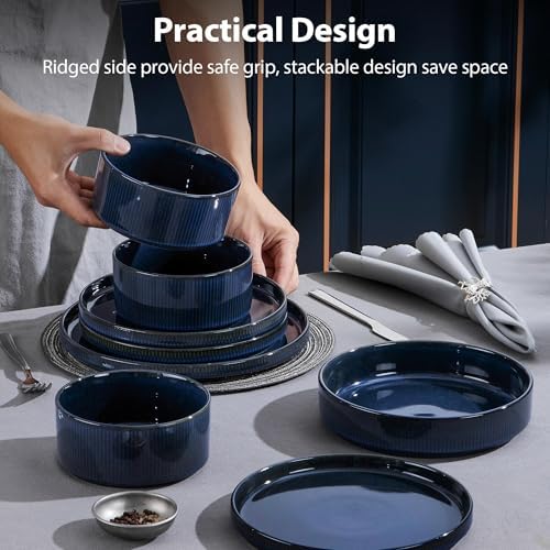 LIANYU Dinnerware Sets with Pasta Bowls, 8 Piece Ribbed Plates and Bowls for 2, Modern Ceramic Stoneware Dishes for Kitchen Dining, Microwave and Dishwasher Safe, Twilight Blue - Image 5