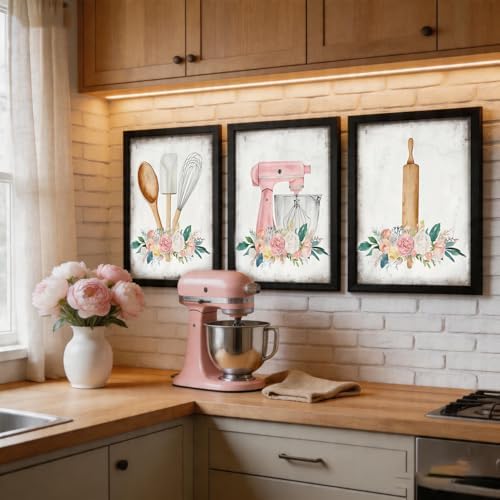 Doqueodas 3Pcs Pink Floral Baking Kitchen Theme Wall Art 12x16 Inch Framed - Image 3
