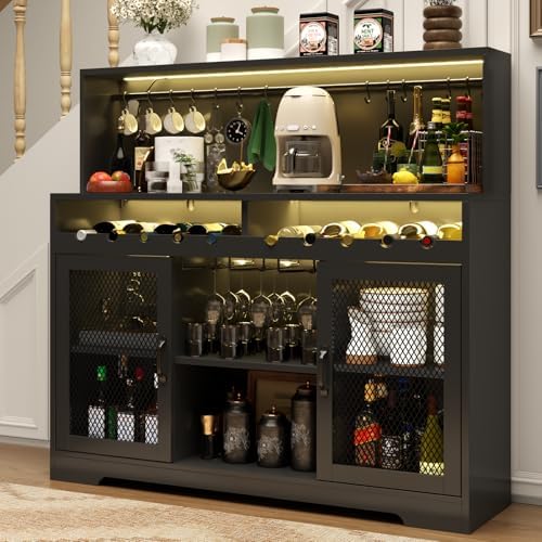 Loomie Wine Bar Cabinet with LED Light, Liquor Cabinet with Glass Holder, Coffee Bar for Liquor, Storage Buffet with Wine Racks, Wine Cabinet with Mesh Door (Black) by LOOMIEDirect