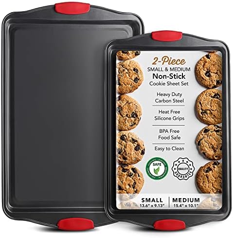 Eatex Nonstick Baking Sheet Set, 2-Piece Baking Pans Set with Silicone Handles, Carbon Steel Cookie Sheets for Baking Commercial Grade Quality Oven Tray, Jelly Roll/Quarter Sheet Pans for Baking by Eatex