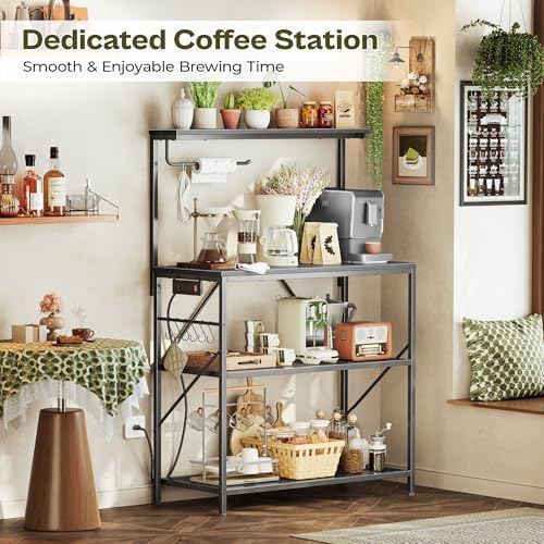 Huuger 4-Tier Bakers Rack with Reversible Power Outlet, 31.5 Inch Microwave Stand, Kitchen Coffee Bar, with Top Shelf, 6 S Hooks, Black - Image 7