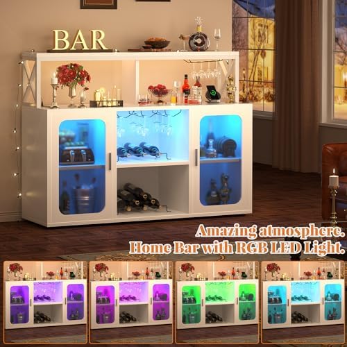 Aheaplus Bar Cabinet with Power Outlet, Liquor Cabinet with Led Lights and Glass Holders, Storage Buffet Cabinet Coffee Bar Cabinet for Liquor, Wine Cabinet with Racks for Home, Kitchen,-G2, White - Image 5