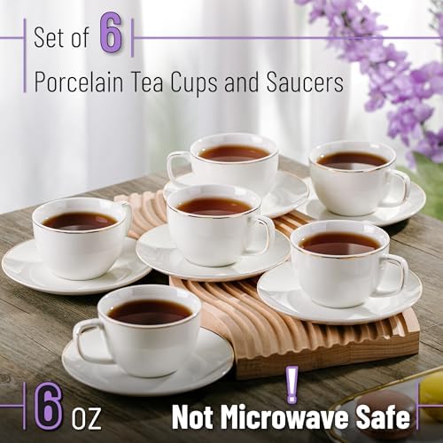 BTaT- Cappuccino Cups with Saucers 6 oz, Set of 6, White Porcelain Coffee Cup and Saucer Set for Latte with Golden Trim Design, Dishwasher Safe, Mocha, Tea, Au Lait, Flat White - Image 2