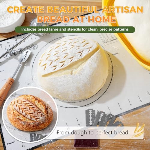 Sourdough Starter Kit for Beginners, 34 oz Starter Jar with Scale Marking, 2 Silicone Proofing Baskets, Complete Bread Baking Kit with Guide & Recipes, Easy to Use & Clean - Yellow - Image 2