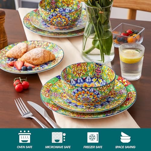 vancasso 12 Pieces Dinnerware Sets, Green Plates and Bowls Set, Porcelain Dishes Set for 4, Microwave and Dishwasher Safe, Scratch Resistant, Bohemian Style Dining Ware Service for 4, Series SIMI - Image 4