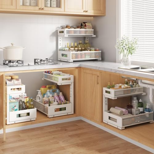 2-Pack Under Sink Storage Organizer, Large 2-Tier Elegant Mesh Pull Out Shelf for Kitchen and Bathroom Cabinet Organization, L-Shaped and Adjustable Height Design for Maximum Space Efficiency-White - Image 3