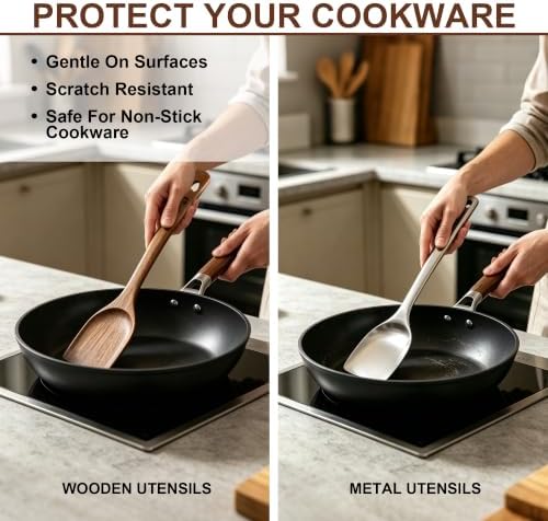 Acacia Wood Utensil Set,6 Piece, Heart Series Wooden Cooking Tools with 13.4" Long Handle Wok Spatula, Serving Spoon, Slotted Spoon, Frying Spatula, Salad Fork and Mixing Spoon - Image 6