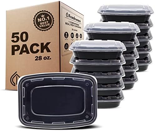 Freshware Meal Prep Containers [50 Pack] 1 Compartment with Lids, Food Storage Containers, Bento Box, BPA Free, Stackable, Microwave/Dishwasher/Freezer Safe (28 oz) by Freshware