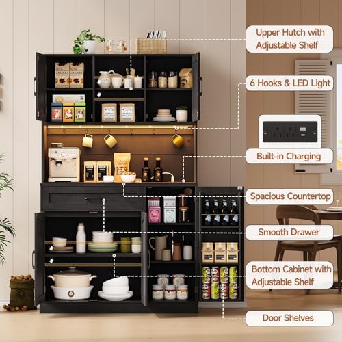 ONBRILL 71" Kitchen Pantry Storage Cabinet with LED Light/Outlet, Black - Image 3