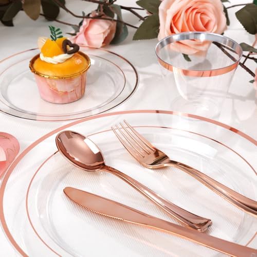 bUCLA 600PCS Clear Rose Gold Plastic Dinnerware Set Disposable - Include 100 Dinner Plates, 100 Dessert Plates, 100 Knives, 100 Forks, 100 Spoons, 100 Cups for Party & Wedding - Image 2