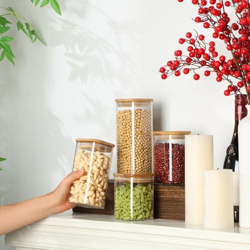 Qinyoung 12 Pcs Glass Storage Jars Airtight Bamboo Lids Glass Food Containers, 4 Sizes (0.5/0.6/0.8/1 Qt) Clear Square Pantry Organization Stackable for Pasta Candy Cookie Kitchen Food Cereal Coffee - Image 5