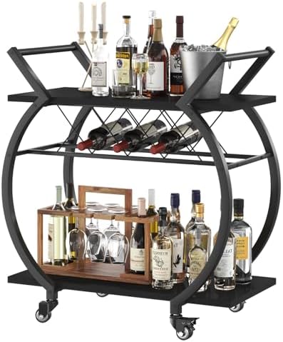 LVB Black Bar Cart with Wheels, Industrial Wine Cart with Storage for Home by LVB