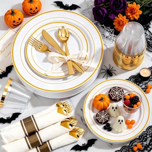 WELLIFE 700 Pcs Gold Plastic Plates for 100 Guests - Disposable Dinnerware Set,Party Supplies Includes 200 Gold Plates,300 Plastic Silverware,100 Napkins,100 Cups for Party and Wedding - Image 3
