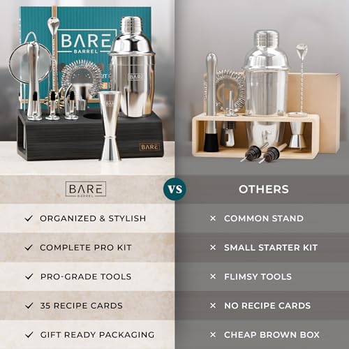BARE BARREL® Mixology Bartender Kit Bar Set | 14-Piece Cocktail Shaker Set | Martini Barware Mixing Tools for Home Bartending | Incl. 35 Recipe Cards | Gift Set (24oz Cobbler Shaker, Silver/Black) - Image 6