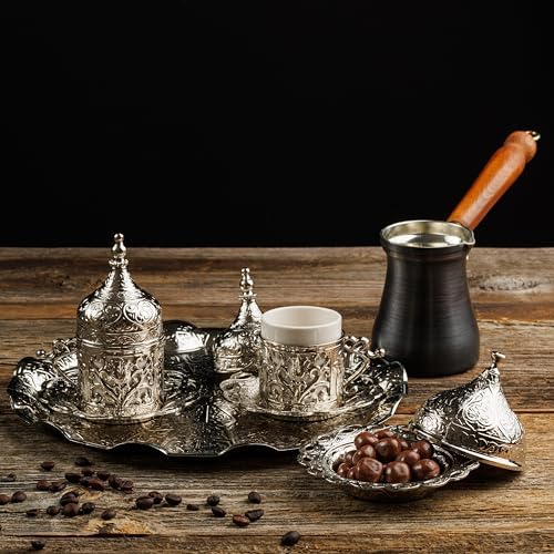 DEMMEX Turkish Greek Arabic Coffee Making and Serving Full Set with Cups Saucers Lids Sugar Bowl Tray and Copper Coffee Pot, 12 Pcs - Image 2