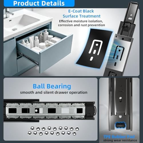 SHUHANG 1 Pair Full Extension Drawer Slides 8 10 12 14 16 18 20 22 24 Inch 100 lb Load Capacity Side Mount Ball Bearing Rails Cabinet Dresser Glides Wardrobe Kitchen Trash Can Slider Runners Black - Image 4
