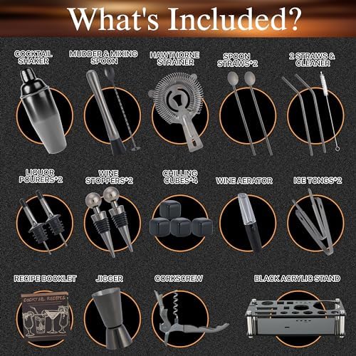 Mixology Bartender Kit – 24 Piece Gun Metal Cocktail Shaker Set w/Stand – Essential Home Bar Accessories Martini Shaker, Jigger, Muddler, Chilling Cubes & More - Image 2