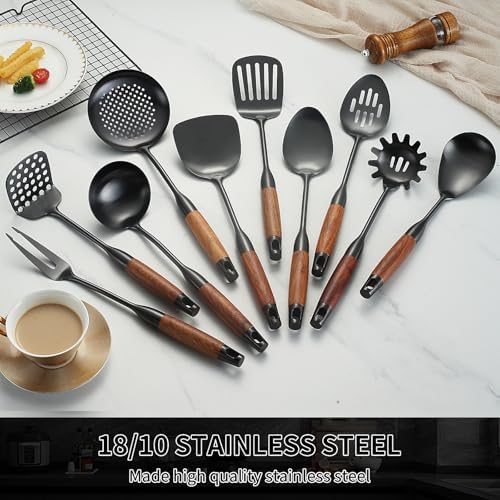 Izurok18/10 Stainless Steel Kitchen Utensils Set,10 Piece Cooking Utensils With Wood Handle,Heat Resistant Kitchen Tool Set With Spatula,Spoon,Ladle,Skimmer,Slotted Turners,Pasta,Turner,Ladl,Fork - Image 3